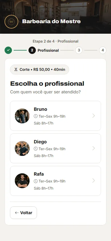 Escolha do profissional com foto e horário: Bruno, Diego e Rafa, de terça a sexta das 9h às 19h e sábado das 8h às 17h