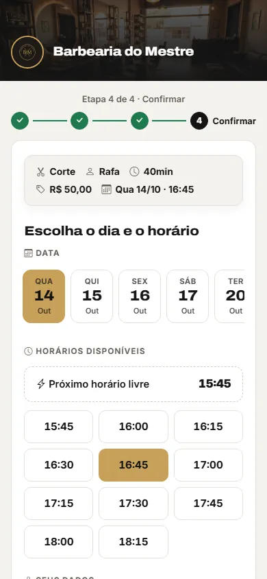 Escolha do dia e dos horários livres do Rafa, com o resumo Corte, R$ 50,00, 40 min