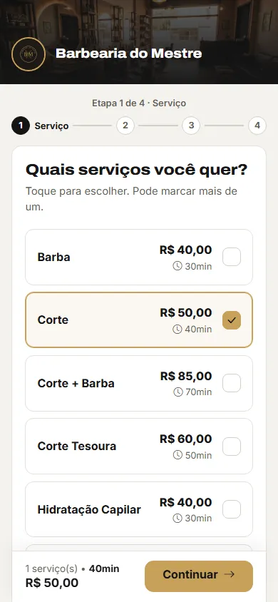 Lista de serviços da Barbearia do Mestre com preço e duração: Barba R$ 40,00, Corte R$ 50,00 selecionado, Corte + Barba R$ 85,00