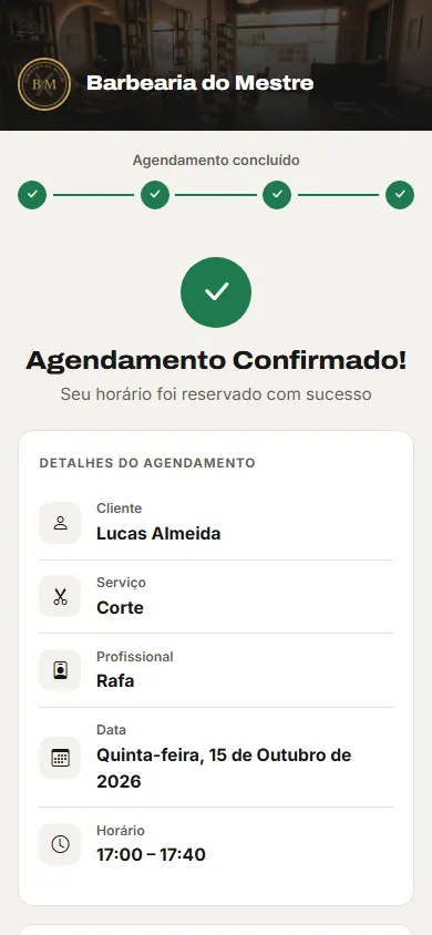 Agendamento confirmado na Barbearia do Mestre: cliente de exemplo, Corte com Rafa, quinta-feira 15 de outubro, 17:00 às 17:40