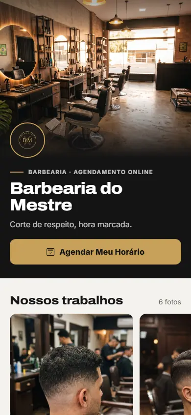 Página da Barbearia do Mestre no celular: foto do ambiente, logo, nome, slogan, botão Agendar Meu Horário e o começo das fotos dos cortes